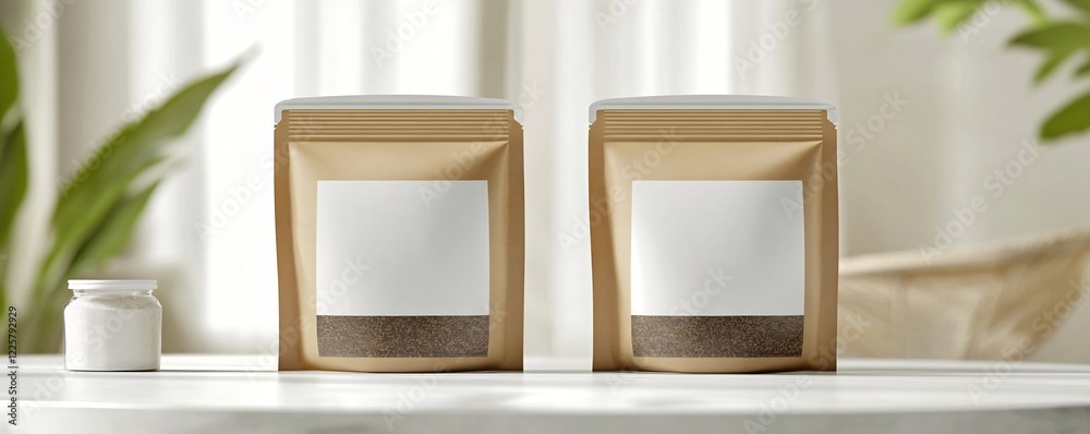 Poster two kraft paper pouches standing on white table with blank labels for branding