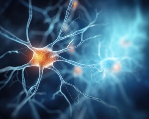Understanding Myelin and Multiple Sclerosis Disorder: Conceptual illustration of damaged myelin, nerve cells, and brain in neurology