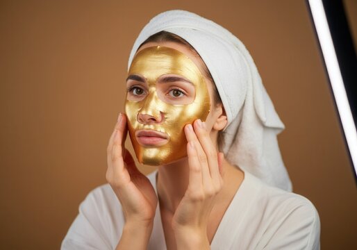 Young caucasian female applying gold face mask in skincare routine
