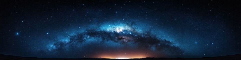 Fototapeta premium Panoramic view of the Milky Way arching over a serene mountainous landscape, illuminated by starlight and distant city lights