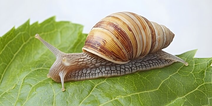 Closeup of Snail on Green Leaf Macro Photography