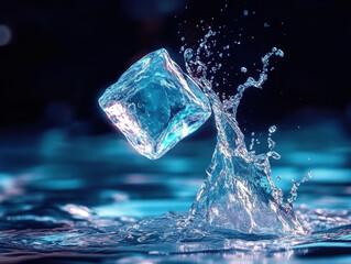 A cube of ice dropping into a pool of water