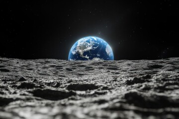 Earth rising above the lunar surface under a dark starry sky, symbolizing the beauty and fragility of our planet from space