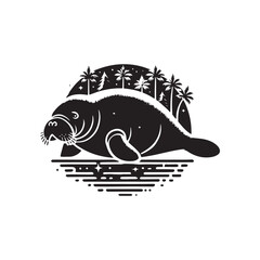 Black Color Manatee silhouette design Vector Illustration, Solid White Background (5).eps