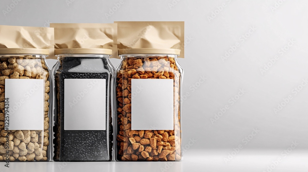 Poster three glass jars containing food are displaying a blank white label for branding mockup