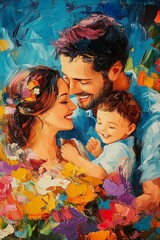 Vivid oil paint style of portrait of a happy family surrounded by colorful flowers.