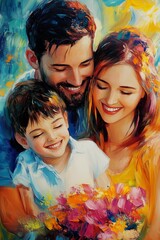 Vivid oil paint style of portrait of a happy family surrounded by colorful flowers.