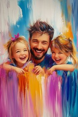 Vivid oil paint style of portrait of a happy family surrounded by colorful flowers.