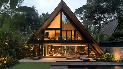 A triangular house design with clean edges and natural, earthy textures
