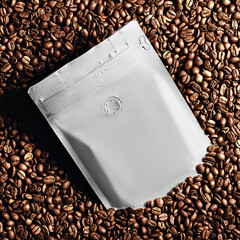 Modern, minimal white coffee pouch with valve on coffee beans. Clean package concept for fresh aroma, brand identity, and shelf appeal.