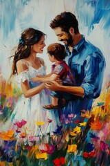 Vivid oil paint style of portrait of a happy family surrounded by colorful flowers.