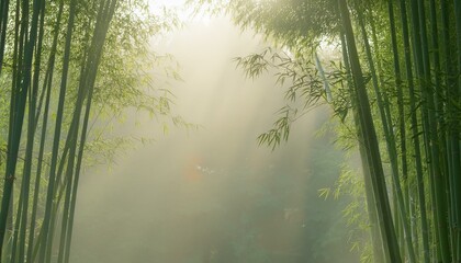 아침 안개에 둘러싸인 대나무 숲