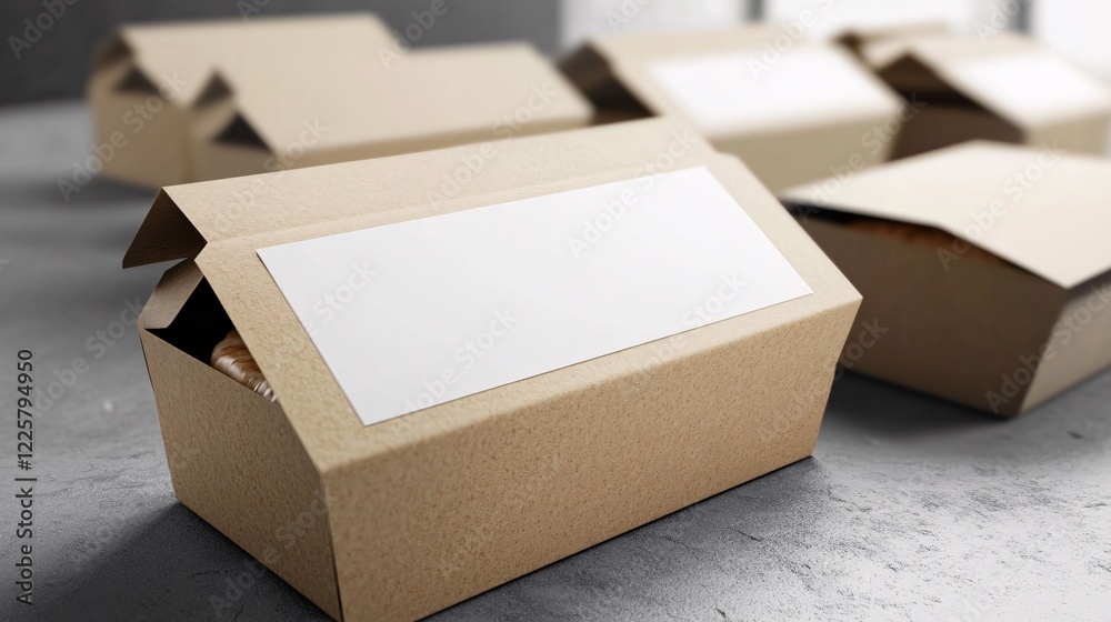 Aufkleber open cardboard food boxes with blank label for branding on gray background