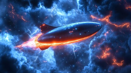 Obraz premium A spaceship navigating a cosmic storm, its shields glowing with energy from lightning strikes