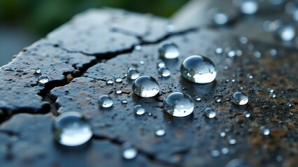 Water droplets rest on cracked black surface reflecting soft light and revealing intricate textures in a close-up view