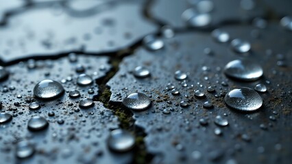 Water droplets rest on cracked black surface reflecting soft light and revealing intricate textures in a close-up view