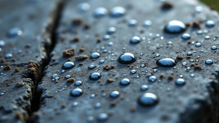 Water droplets rest on cracked black surface reflecting soft light and revealing intricate textures in a close-up view