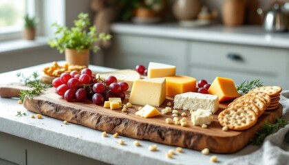 Assorted cheeses with grapes and crackers on rustic wooden board in kitchen setting