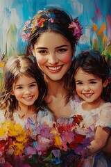 Vivid oil paint style of portrait of a happy family surrounded by colorful flowers.