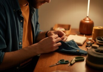 Young caucasian male sewing at wooden desk under warm light