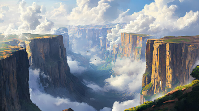 A captivating view of the swirling clouds and rugged landscape of the simien mountains in ethiopia, with dramatic cliffs and deep valleys, simien mountains scene. Enchanted Cliffs. Illustration