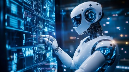Robot cybernetic organism works with a virtual HUD interface in augmented reality. Humanoid robot with a plastic face presses the button on the digital screen. Future concept.