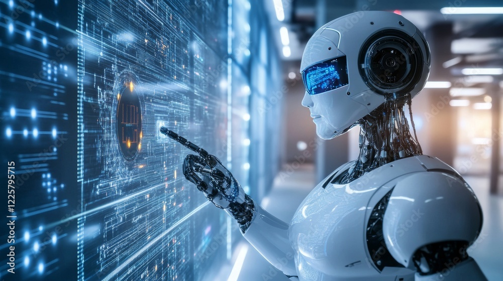 Poster robot cybernetic organism works with a virtual hud interface in augmented reality. humanoid robot wi