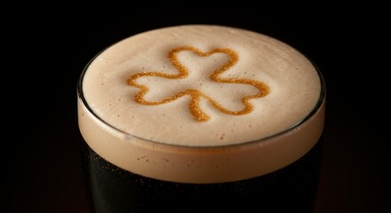 Dark beer with shamrock design on foam in glass