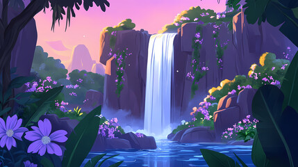 A majestic waterfall cascades down a series of lush, flowering cliffs in a vibrant and enchanting landscape, creating a mesmerizing display of nature's beauty. Enchanted Cliffs. Illustration