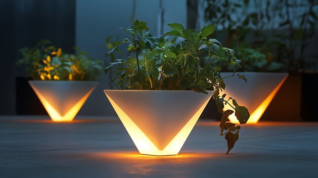 A triangular pot with a translucent finish and embedded LED lighting