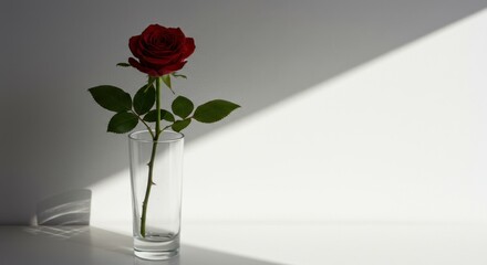 Single red rose in clear glass vase with sunlight and shadows