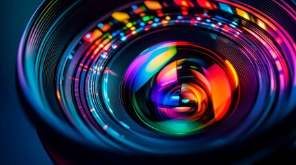 Close up Beautiful camera lens with multi colored light Background pattern for design