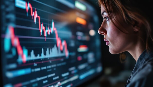 Young caucasian woman analyzing stock market data on computer screen
