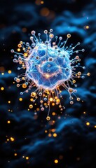 Obraz premium Futuristic blue and orange virus with spiky protrusions on dark background