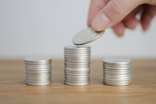 Close-up view of stacked coins on a wooden table, symbolising financial growth, savings, investment, and economic stability