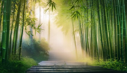 Fototapeta premium 아침 안개에 둘러싸인 대나무 숲