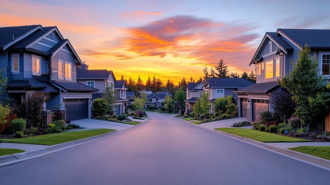 Cul de sac classic dead end street surrounded by luxury two story single family homes in a new residential East Coast USA real estate development neighborhood with dramatic colorful sunset sky