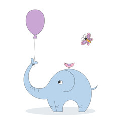Cute Blue Elephant, Hand Drawn Cartoon Character.