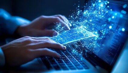 A person interacts with a laptop displaying an engaging interface with data visualizations, emphasizing creativity, innovation, and the blend of technology with artistic expression.