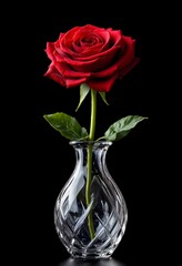 Fototapeta premium A stunning red rose stands tall in a crystal vase, symbolizing love and passion against a sleek black backdrop. Symbolic roses.