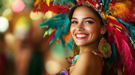 Obraz premium Smiling woman in a vibrant feathered headdress and festive costume celebrating Mardi Gras with joy and excitement