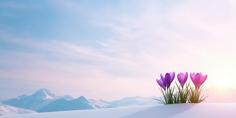 A beautiful mountain landscape with a small patch of purple flowers. The flowers are in the foreground and the mountains are in the background