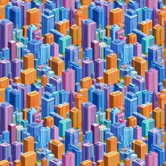 Vibrant isometric illustration of colorful urban skyscrapers in a dense pattern
