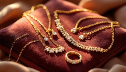 Obraz premium Elegant gold and diamond jewelry set on velvet display