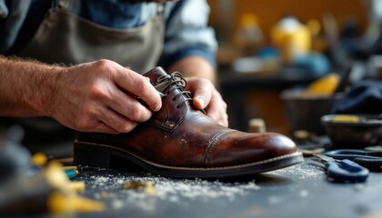 Skilled craftsman repairing leather shoe in workshop with tools