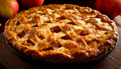 Golden-brown apple pie with a lattice crust, freshly baked and displayed on a rustic wooden surface.  Perfect for autumnal themes, food blogs, or dessert menus.