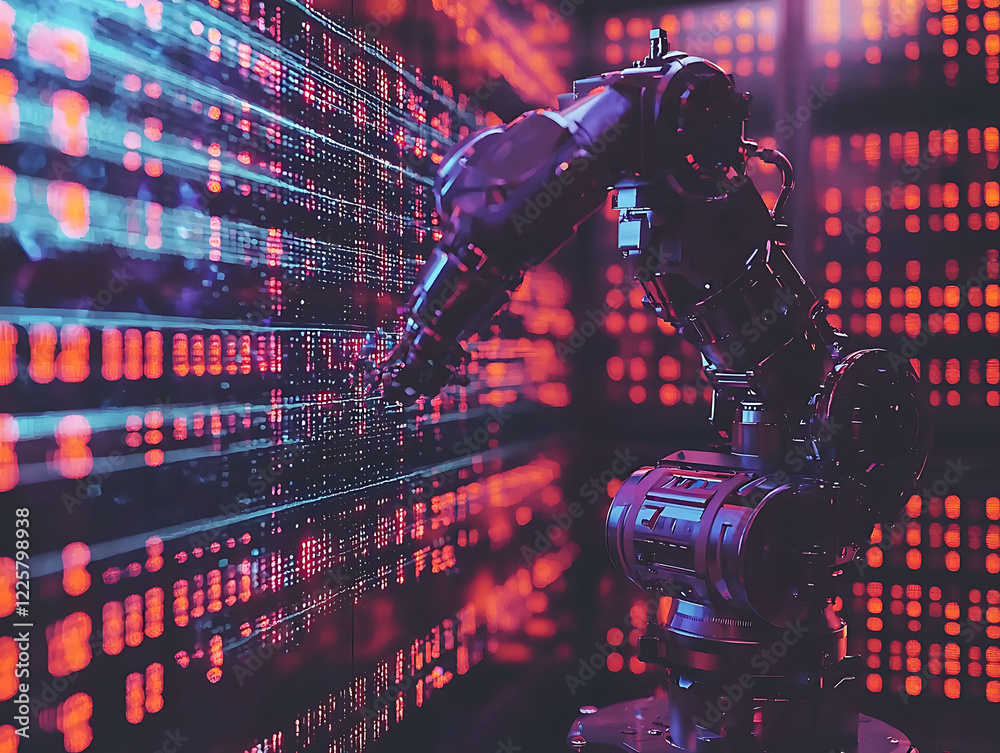 Poster cyberpunkstyle robotic arm interacting with a digital data stream. perfect for illustrating ai, auto