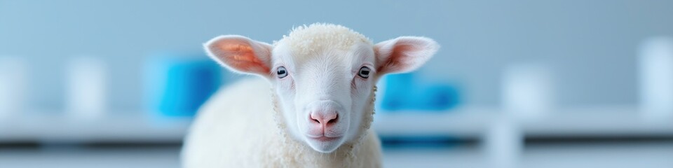 Obraz premium A baby sheep is standing in front of a blue wall. The sheep is looking at the camera with a curious expression