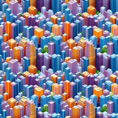 Vibrant isometric illustration of colorful urban skyscrapers in a dense pattern