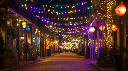Mardi Gras street at night illuminated with colorful string lights and festive decorations creating a magical carnival atmosphere